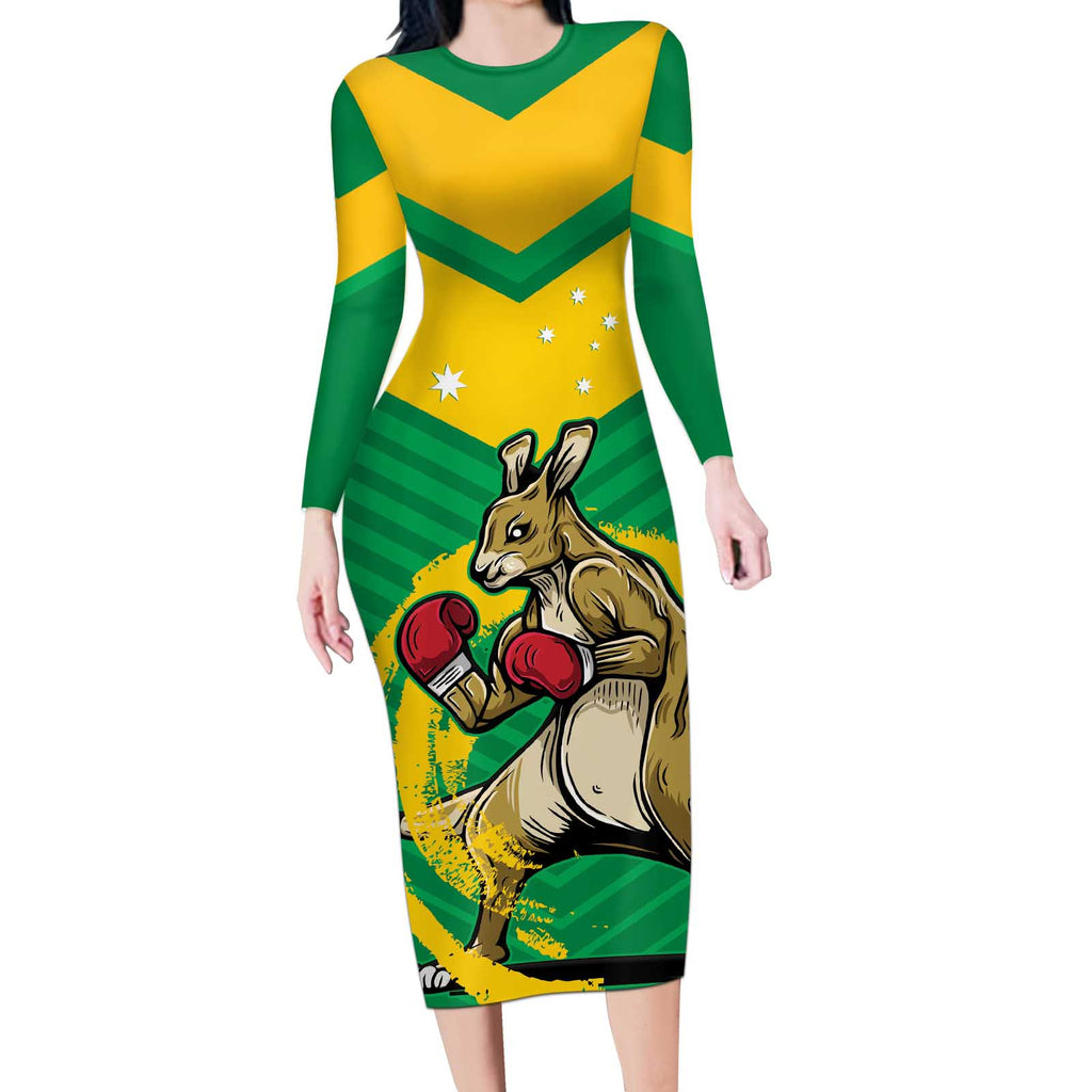 Personalised Australia Boxing Kangaroo Long Sleeve Bodycon Dress Aussie Pride National Color