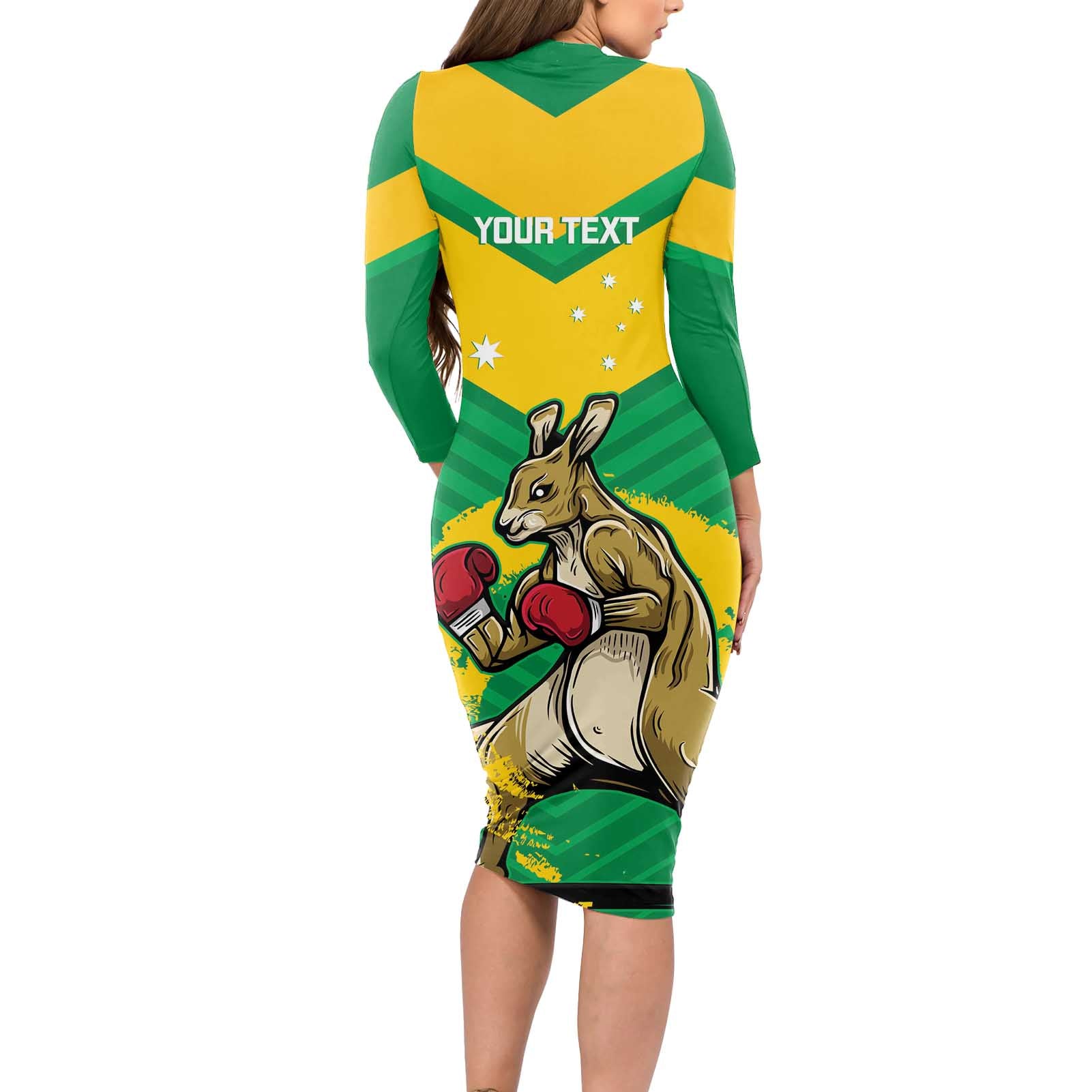 Personalised Australia Boxing Kangaroo Long Sleeve Bodycon Dress Aussie Pride National Color