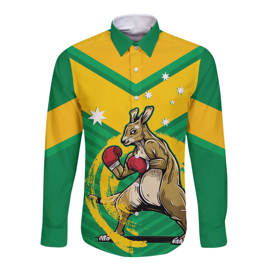 Personalised Australia Boxing Kangaroo Long Sleeve Button Shirt Aussie Pride National Color