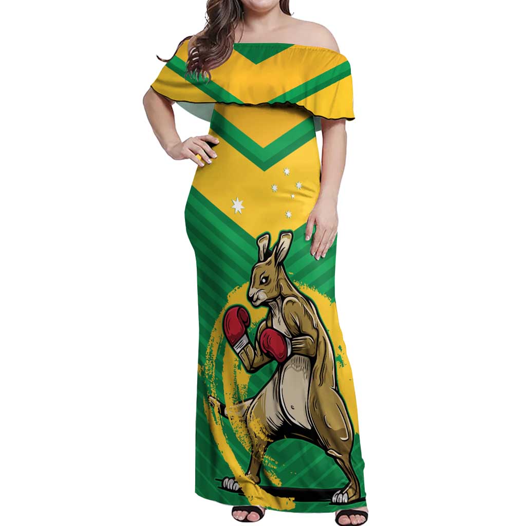Personalised Australia Boxing Kangaroo Off Shoulder Maxi Dress Aussie Pride National Color