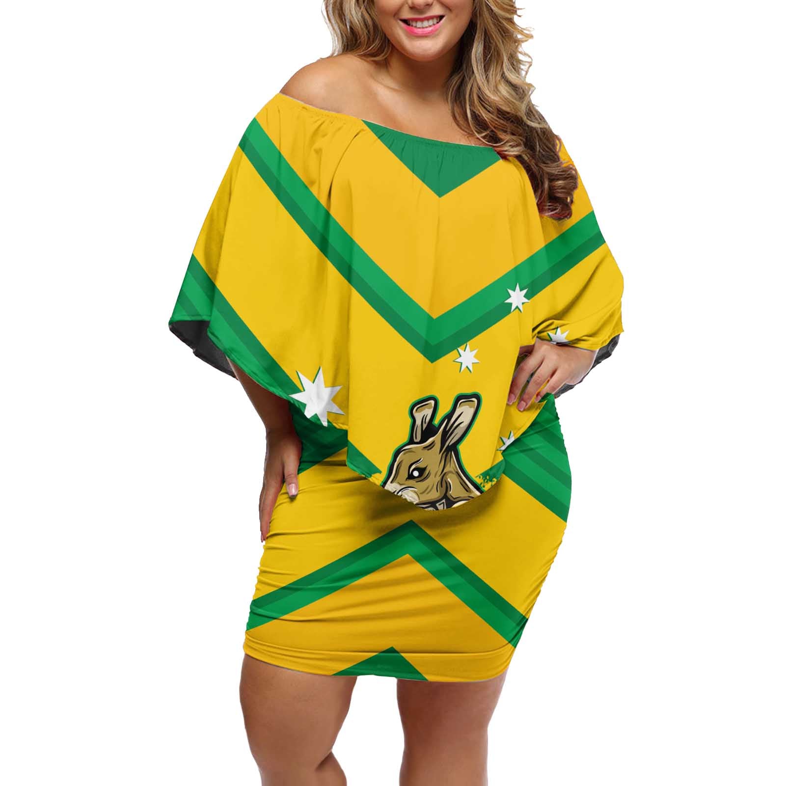 Personalised Australia Boxing Kangaroo Off Shoulder Short Dress Aussie Pride National Color