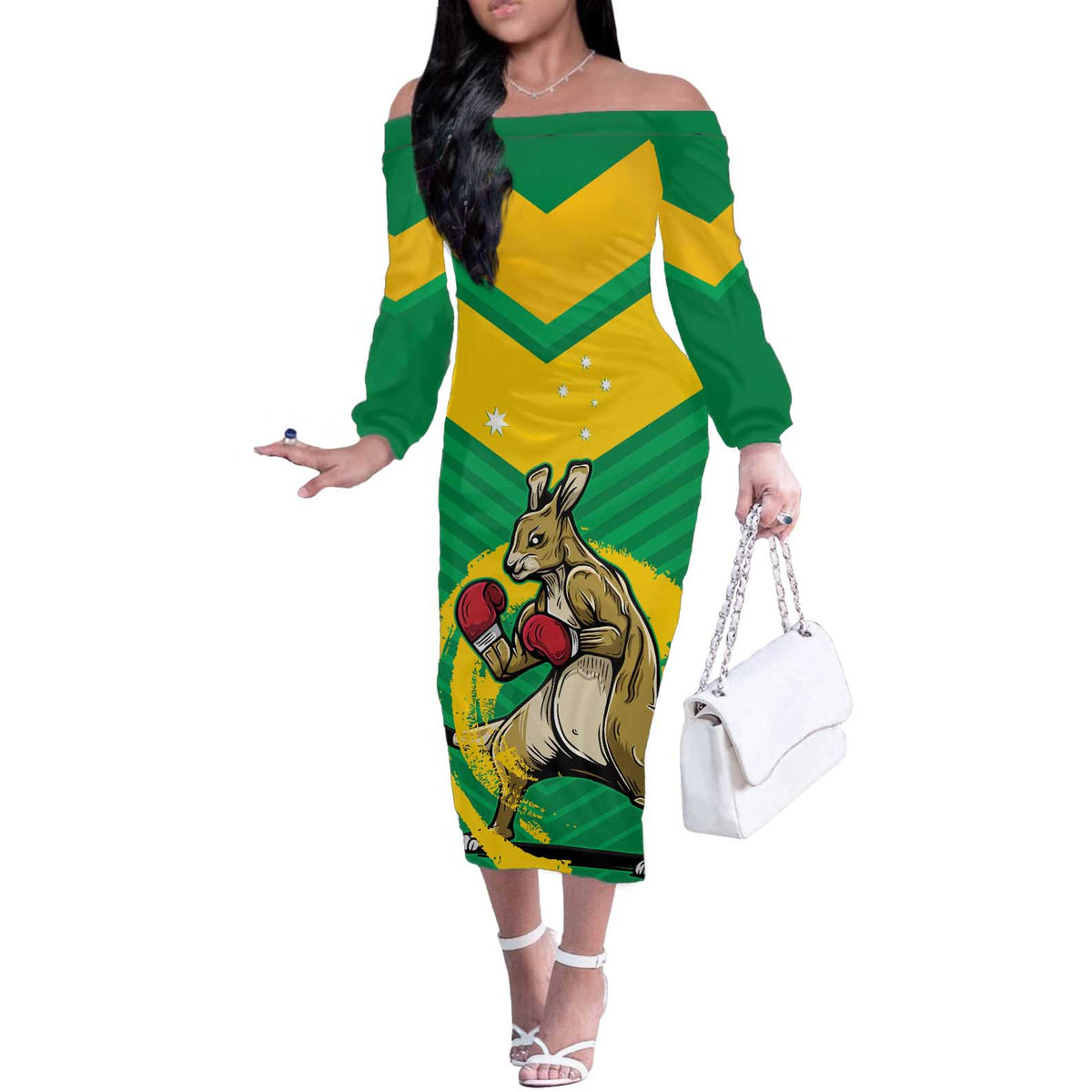 Personalised Australia Boxing Kangaroo Off The Shoulder Long Sleeve Dress Aussie Pride National Color