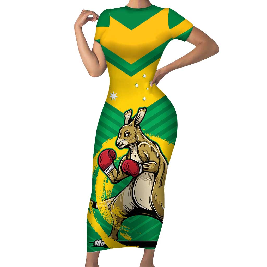 Personalised Australia Boxing Kangaroo Short Sleeve Bodycon Dress Aussie Pride National Color