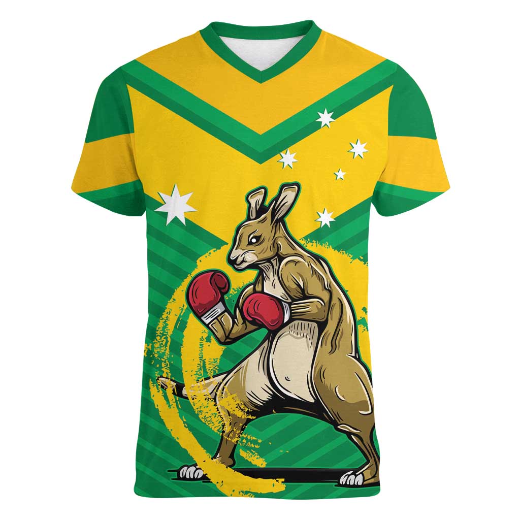 Personalised Australia Boxing Kangaroo Women V-Neck T-Shirt Aussie Pride National Color