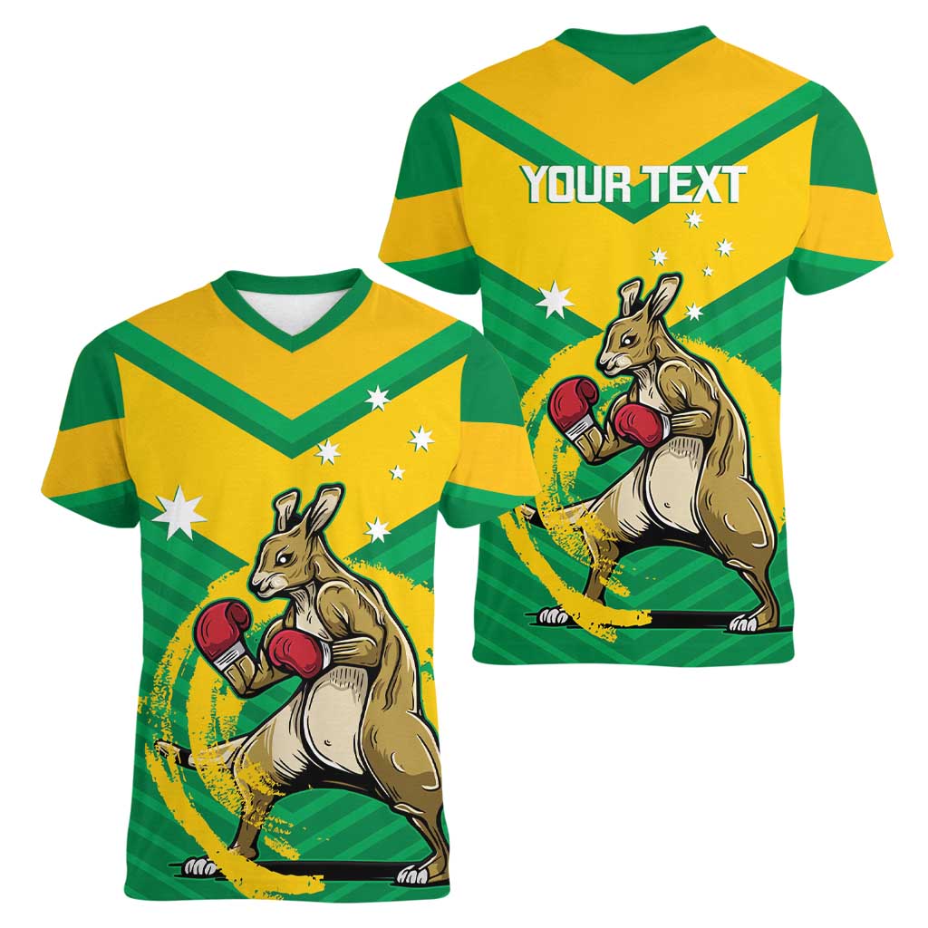 Personalised Australia Boxing Kangaroo Women V-Neck T-Shirt Aussie Pride National Color