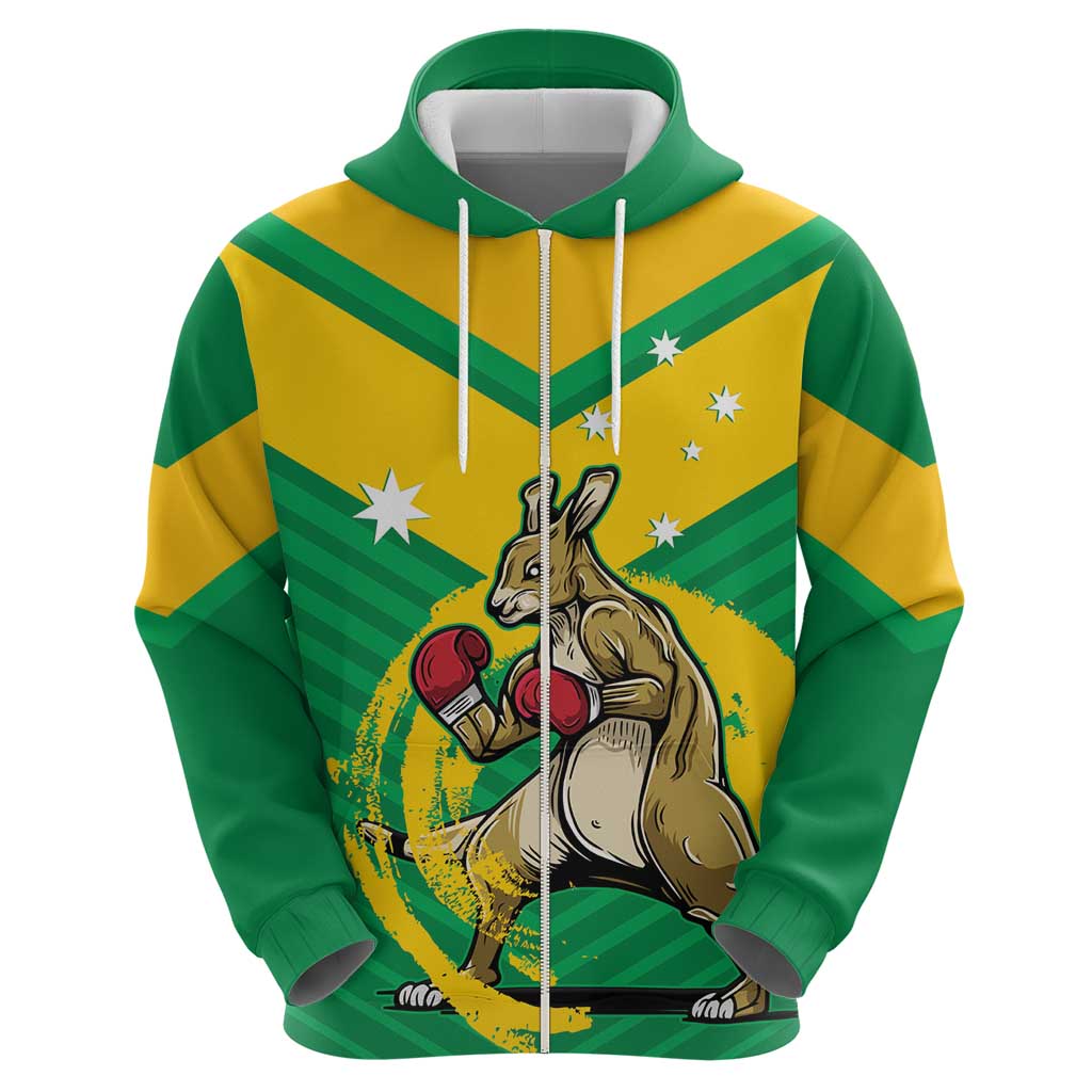 Personalised Australia Boxing Kangaroo Zip Hoodie Aussie Pride National Color