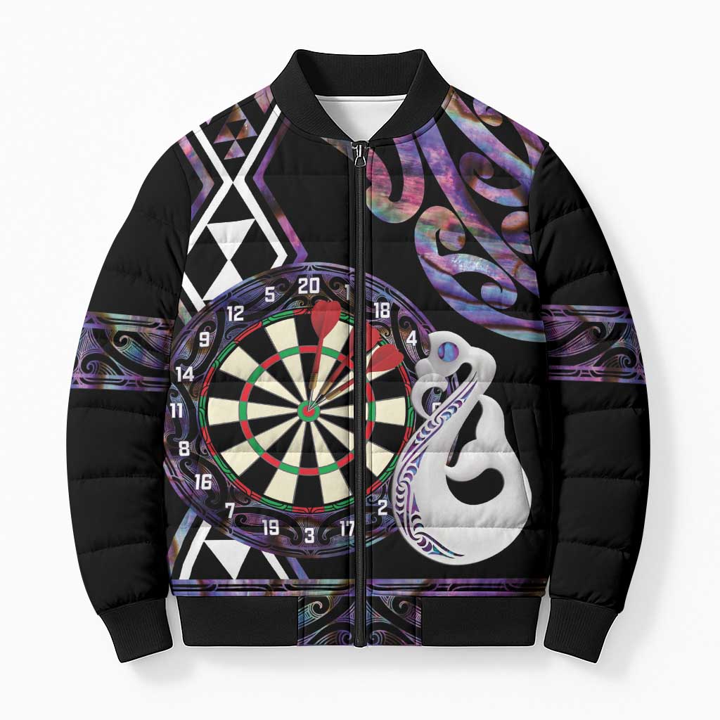 Personalised New Zealand Darts Bomber Puffer Jacket Ngutukaka Manaia Taniko Luxury Purple - Aussie Hoodie
