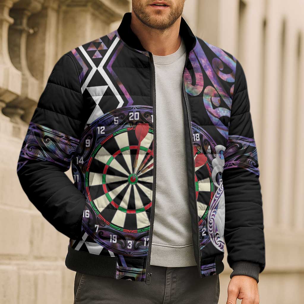 Personalised New Zealand Darts Bomber Puffer Jacket Ngutukaka Manaia Taniko Luxury Purple - Aussie Hoodie