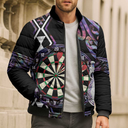 Personalised New Zealand Darts Bomber Puffer Jacket Ngutukaka Manaia Taniko Luxury Purple - Aussie Hoodie