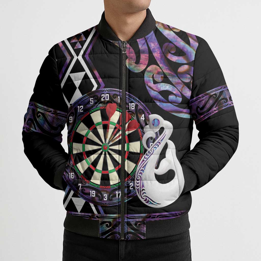 Personalised New Zealand Darts Bomber Puffer Jacket Ngutukaka Manaia Taniko Luxury Purple - Aussie Hoodie