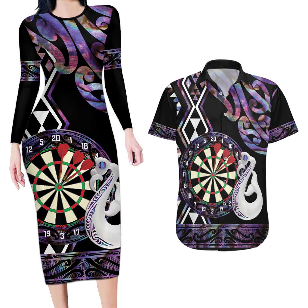 Personalised New Zealand Darts Couples Matching Long Sleeve Bodycon Dress and Hawaiian Shirt Ngutukaka Manaia Taniko Luxury Purple - Aussie Hoodie