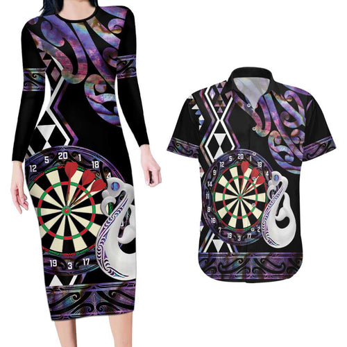 Personalised New Zealand Darts Couples Matching Long Sleeve Bodycon Dress and Hawaiian Shirt Ngutukaka Manaia Taniko Luxury Purple - Aussie Hoodie