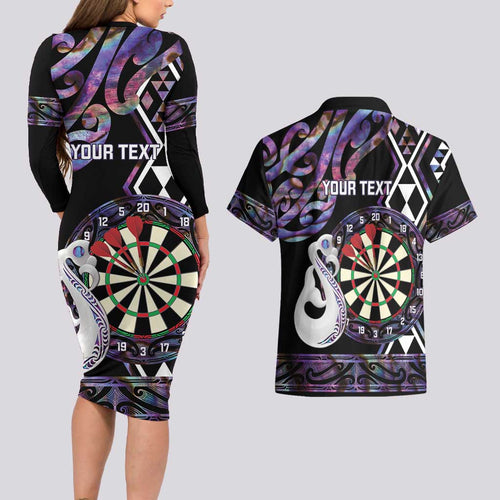 Personalised New Zealand Darts Couples Matching Long Sleeve Bodycon Dress and Hawaiian Shirt Ngutukaka Manaia Taniko Luxury Purple - Aussie Hoodie