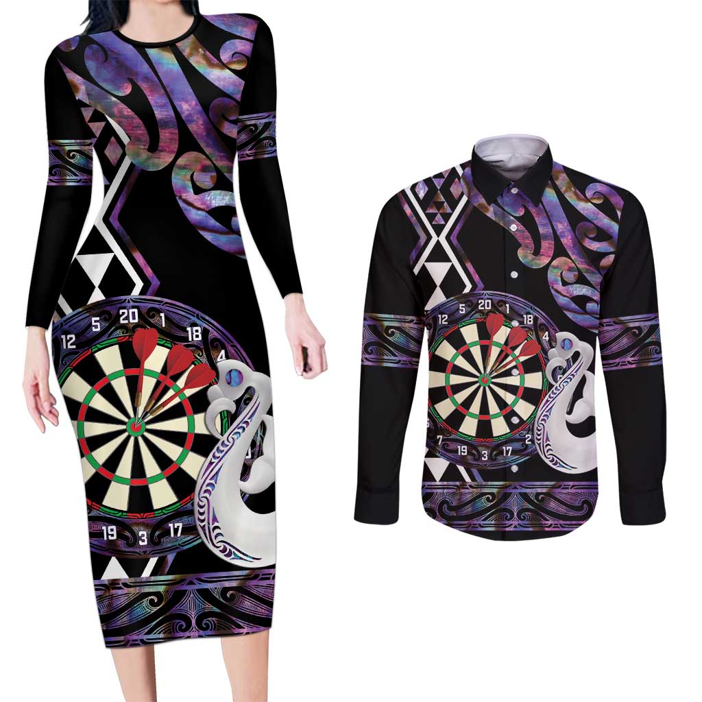 Personalised New Zealand Darts Couples Matching Long Sleeve Bodycon Dress and Long Sleeve Button Shirt Ngutukaka Manaia Taniko Luxury Purple - Aussie Hoodie