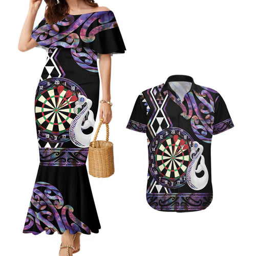 Personalised New Zealand Darts Couples Matching Mermaid Dress and Hawaiian Shirt Ngutukaka Manaia Taniko Luxury Purple - Aussie Hoodie