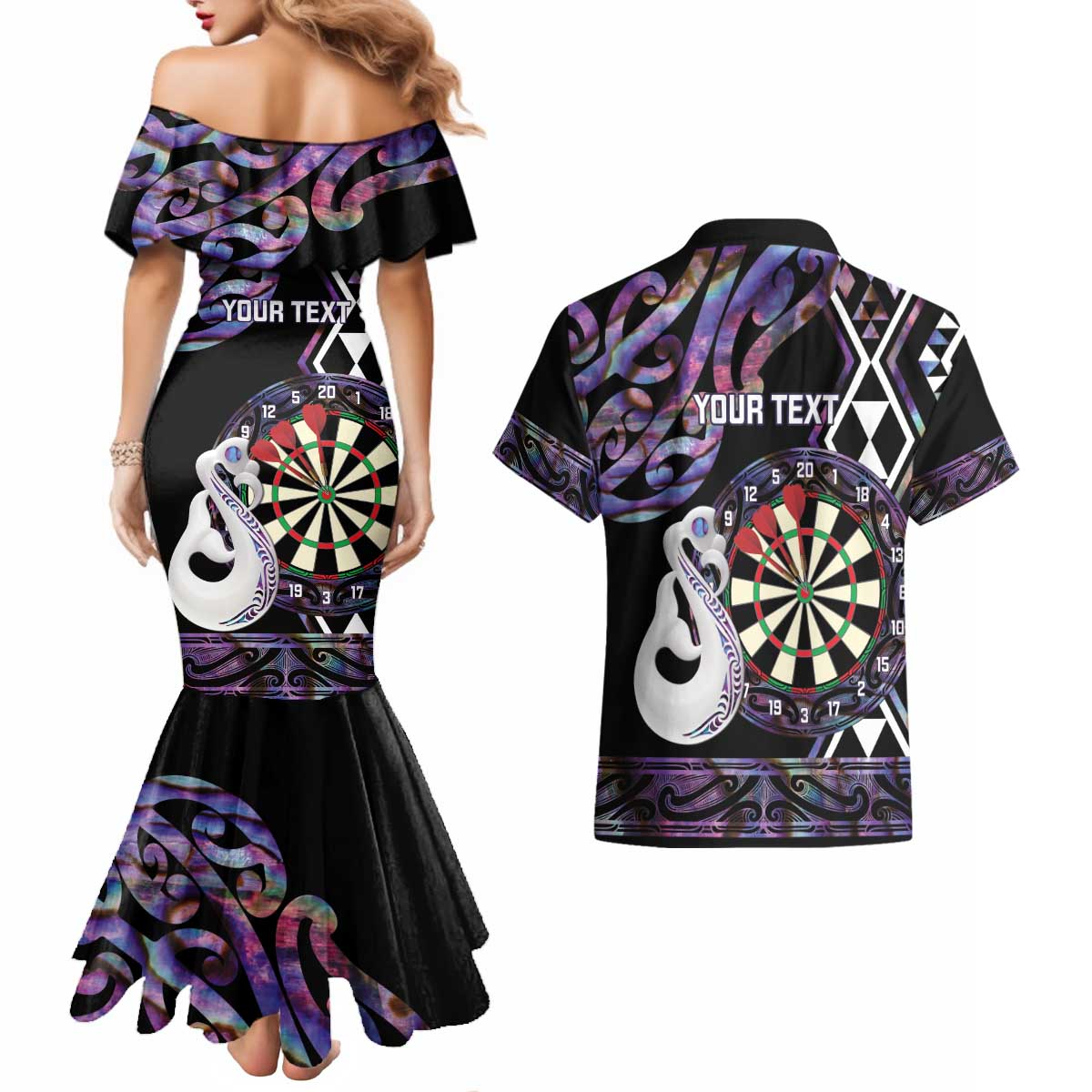 Personalised New Zealand Darts Couples Matching Mermaid Dress and Hawaiian Shirt Ngutukaka Manaia Taniko Luxury Purple - Aussie Hoodie