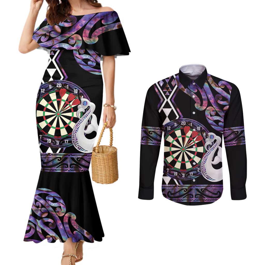 Personalised New Zealand Darts Couples Matching Mermaid Dress and Long Sleeve Button Shirt Ngutukaka Manaia Taniko Luxury Purple - Aussie Hoodie