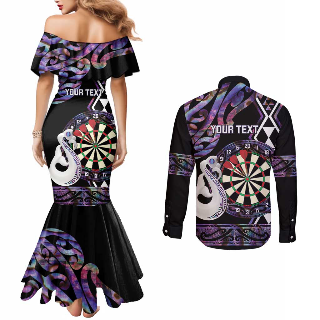 Personalised New Zealand Darts Couples Matching Mermaid Dress and Long Sleeve Button Shirt Ngutukaka Manaia Taniko Luxury Purple - Aussie Hoodie