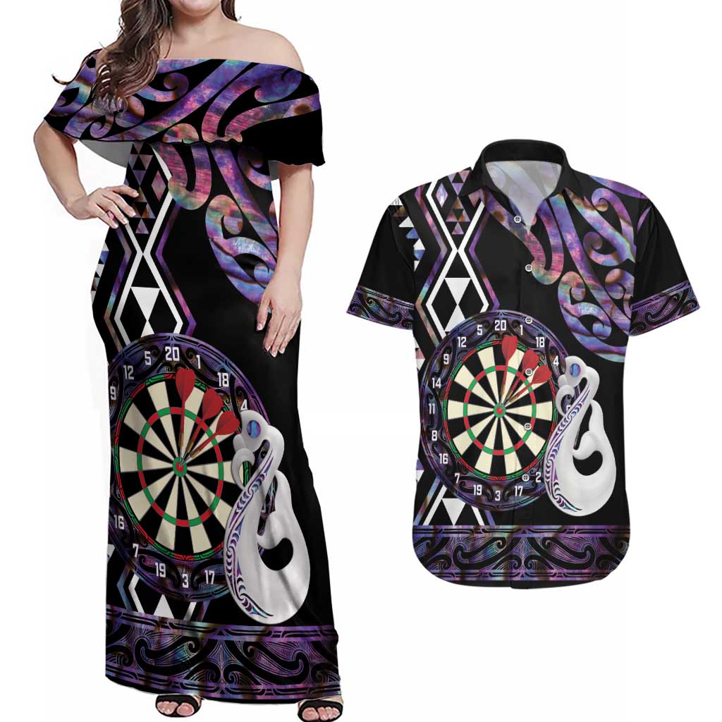 Personalised New Zealand Darts Couples Matching Off Shoulder Maxi Dress and Hawaiian Shirt Ngutukaka Manaia Taniko Luxury Purple - Aussie Hoodie