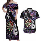 Personalised New Zealand Darts Couples Matching Off Shoulder Maxi Dress and Hawaiian Shirt Ngutukaka Manaia Taniko Luxury Purple - Aussie Hoodie