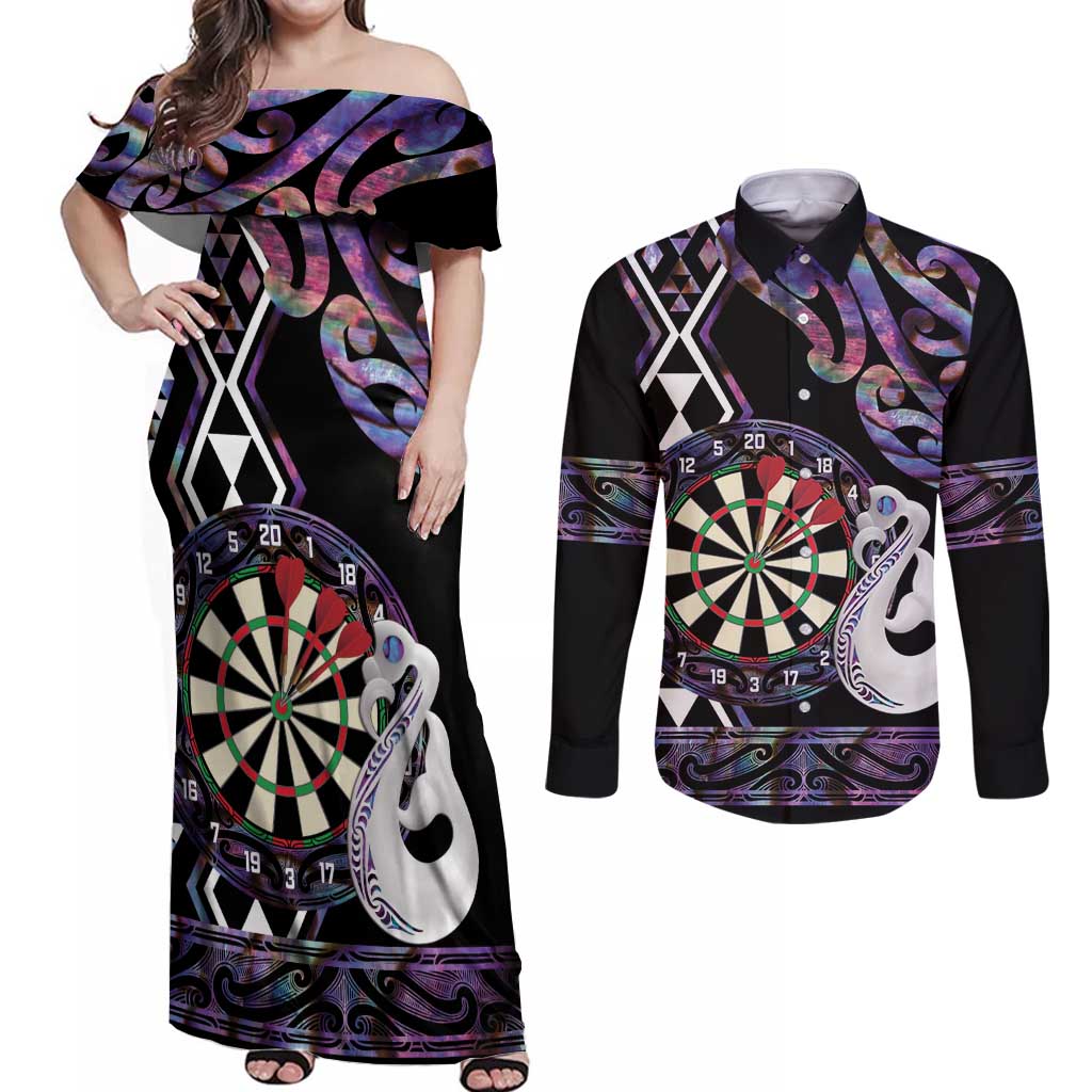 Personalised New Zealand Darts Couples Matching Off Shoulder Maxi Dress and Long Sleeve Button Shirt Ngutukaka Manaia Taniko Luxury Purple - Aussie Hoodie