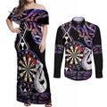 Personalised New Zealand Darts Couples Matching Off Shoulder Maxi Dress and Long Sleeve Button Shirt Ngutukaka Manaia Taniko Luxury Purple - Aussie Hoodie