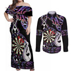 Personalised New Zealand Darts Couples Matching Off Shoulder Maxi Dress and Long Sleeve Button Shirt Ngutukaka Manaia Taniko Luxury Purple - Aussie Hoodie