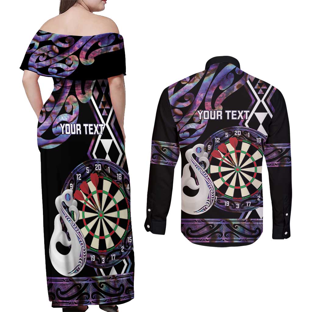Personalised New Zealand Darts Couples Matching Off Shoulder Maxi Dress and Long Sleeve Button Shirt Ngutukaka Manaia Taniko Luxury Purple - Aussie Hoodie