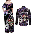 Personalised New Zealand Darts Couples Matching Off Shoulder Maxi Dress and Long Sleeve Button Shirt Ngutukaka Manaia Taniko Luxury Purple - Aussie Hoodie