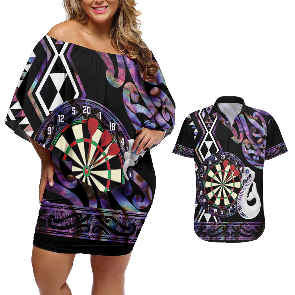 Personalised New Zealand Darts Couples Matching Off Shoulder Short Dress and Hawaiian Shirt Ngutukaka Manaia Taniko Luxury Purple - Aussie Hoodie