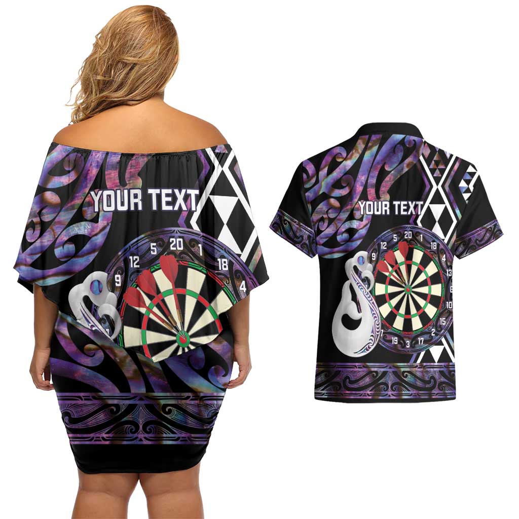 Personalised New Zealand Darts Couples Matching Off Shoulder Short Dress and Hawaiian Shirt Ngutukaka Manaia Taniko Luxury Purple - Aussie Hoodie