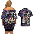 Personalised New Zealand Darts Couples Matching Off Shoulder Short Dress and Hawaiian Shirt Ngutukaka Manaia Taniko Luxury Purple - Aussie Hoodie