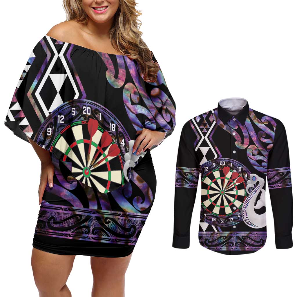 Personalised New Zealand Darts Couples Matching Off Shoulder Short Dress and Long Sleeve Button Shirt Ngutukaka Manaia Taniko Luxury Purple - Aussie Hoodie