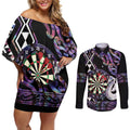 Personalised New Zealand Darts Couples Matching Off Shoulder Short Dress and Long Sleeve Button Shirt Ngutukaka Manaia Taniko Luxury Purple - Aussie Hoodie