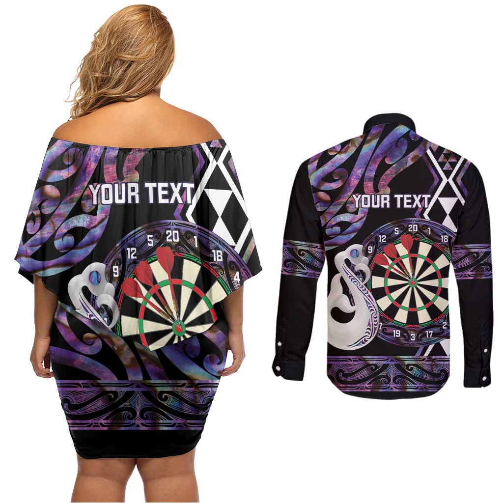 Personalised New Zealand Darts Couples Matching Off Shoulder Short Dress and Long Sleeve Button Shirt Ngutukaka Manaia Taniko Luxury Purple - Aussie Hoodie