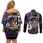 Personalised New Zealand Darts Couples Matching Off Shoulder Short Dress and Long Sleeve Button Shirt Ngutukaka Manaia Taniko Luxury Purple - Aussie Hoodie