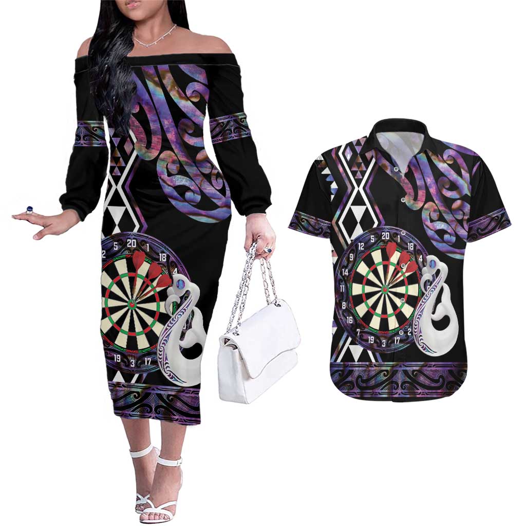 Personalised New Zealand Darts Couples Matching Off The Shoulder Long Sleeve Dress and Hawaiian Shirt Ngutukaka Manaia Taniko Luxury Purple - Aussie Hoodie