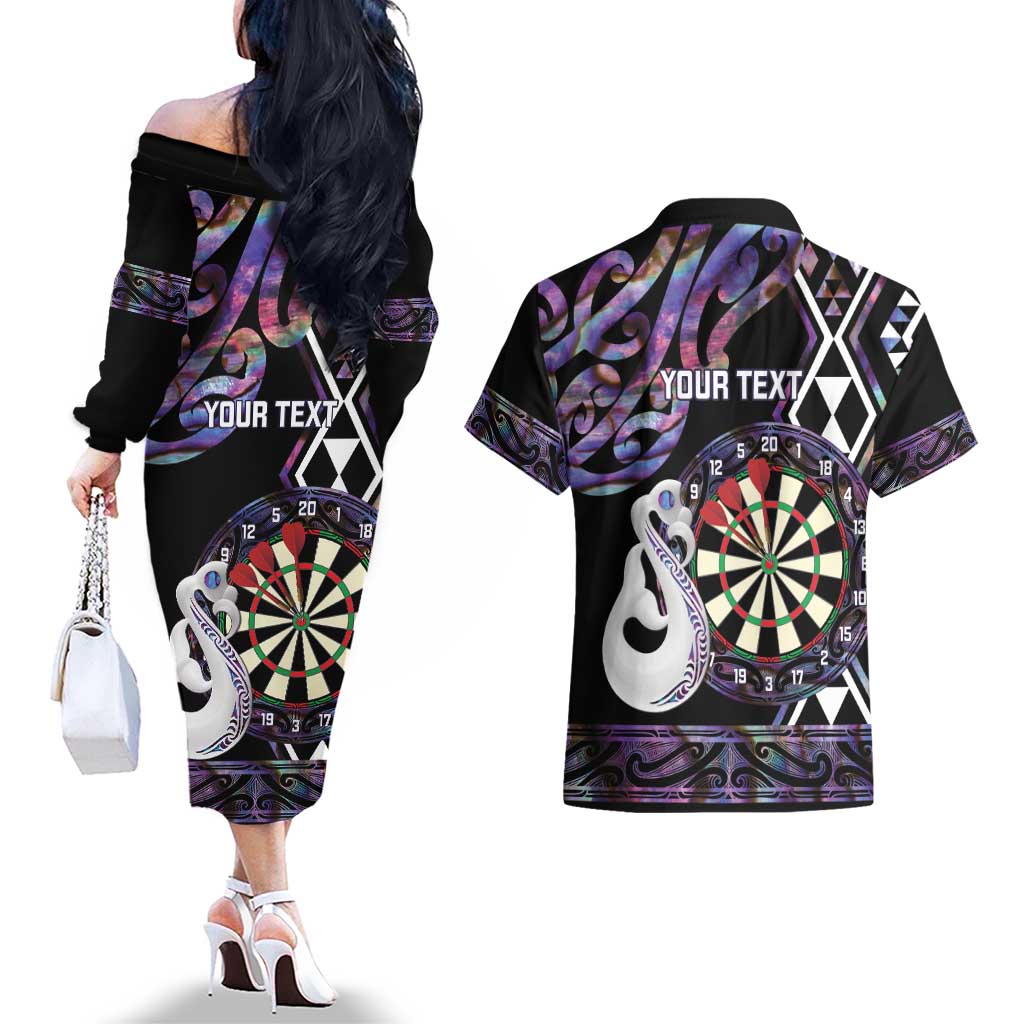 Personalised New Zealand Darts Couples Matching Off The Shoulder Long Sleeve Dress and Hawaiian Shirt Ngutukaka Manaia Taniko Luxury Purple - Aussie Hoodie