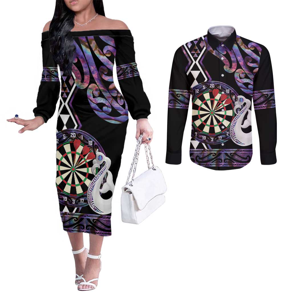 Personalised New Zealand Darts Couples Matching Off The Shoulder Long Sleeve Dress and Long Sleeve Button Shirt Ngutukaka Manaia Taniko Luxury Purple - Aussie Hoodie