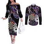 Personalised New Zealand Darts Couples Matching Off The Shoulder Long Sleeve Dress and Long Sleeve Button Shirt Ngutukaka Manaia Taniko Luxury Purple - Aussie Hoodie
