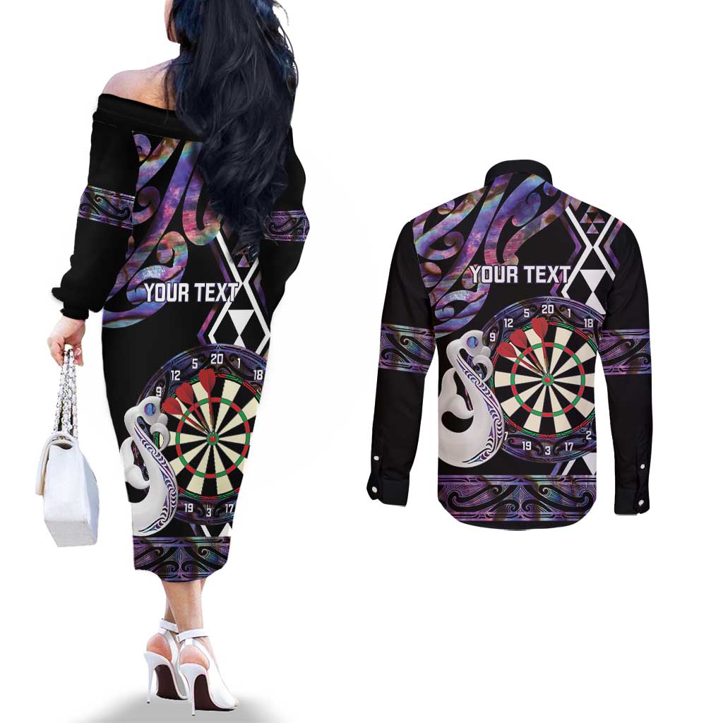 Personalised New Zealand Darts Couples Matching Off The Shoulder Long Sleeve Dress and Long Sleeve Button Shirt Ngutukaka Manaia Taniko Luxury Purple - Aussie Hoodie