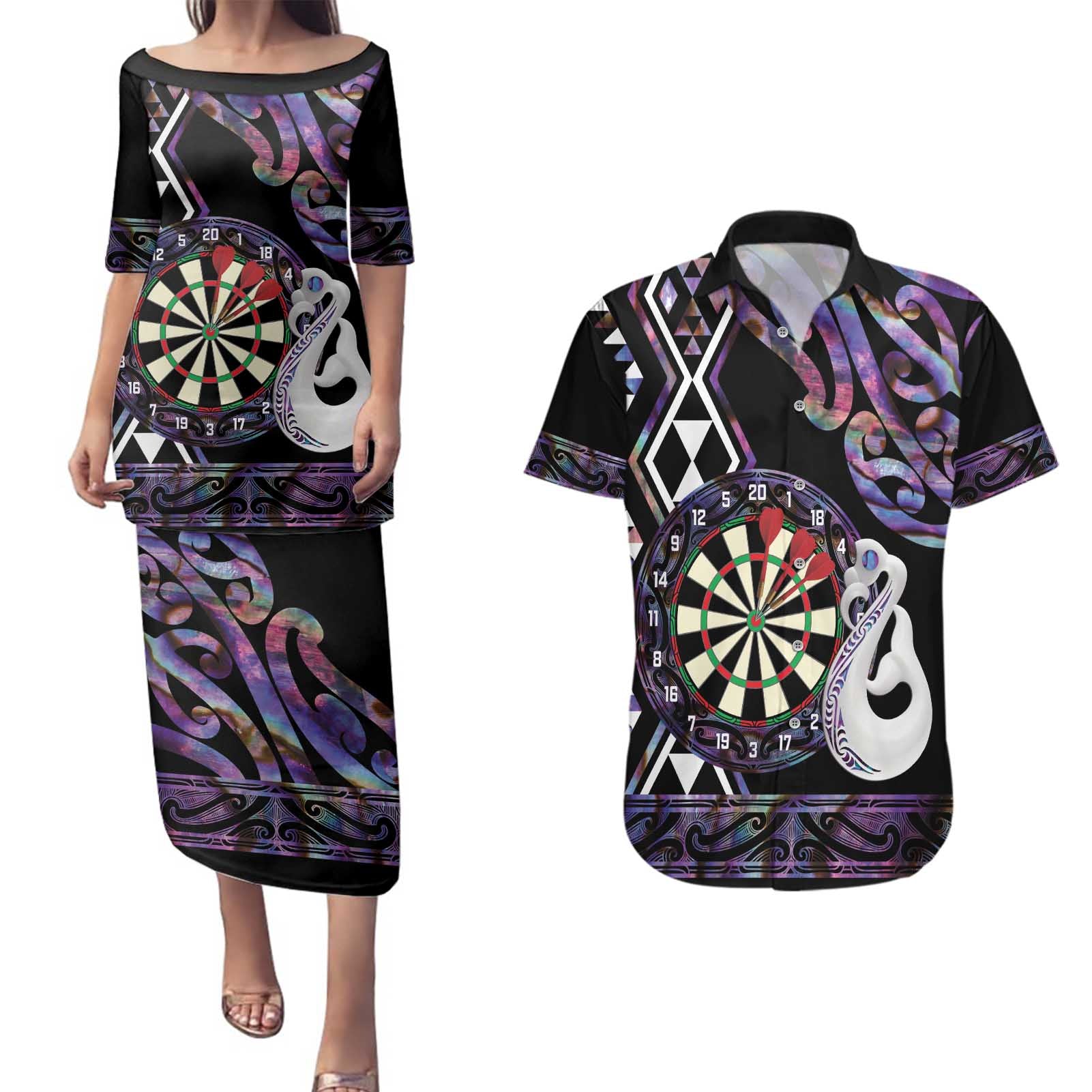 Personalised New Zealand Darts Couples Matching Puletasi and Hawaiian Shirt Ngutukaka Manaia Taniko Luxury Purple - Aussie Hoodie