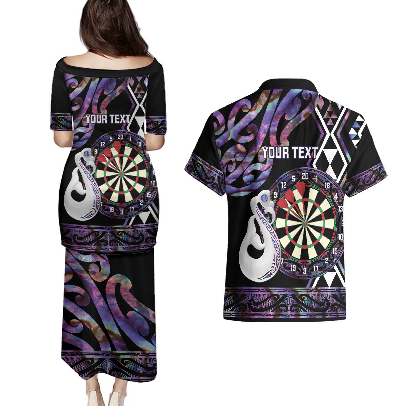Personalised New Zealand Darts Couples Matching Puletasi and Hawaiian Shirt Ngutukaka Manaia Taniko Luxury Purple - Aussie Hoodie