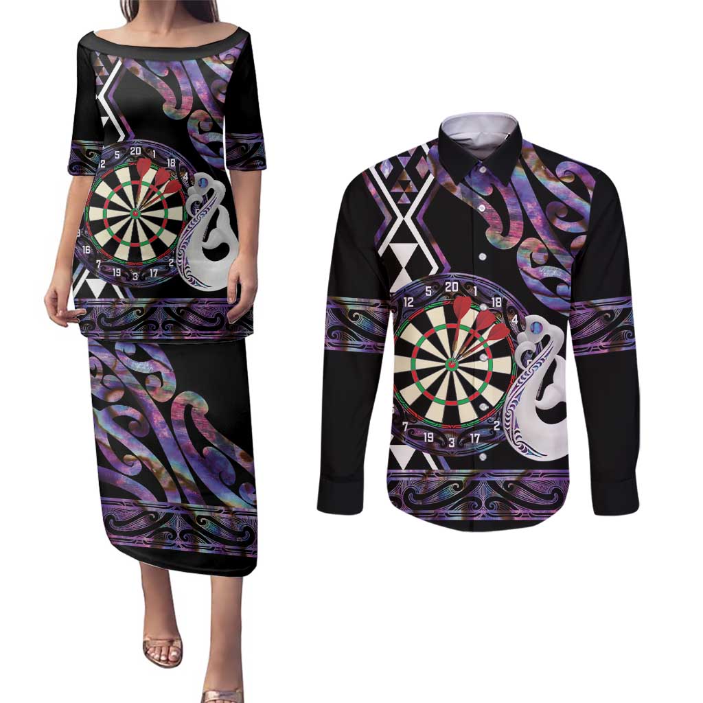 Personalised New Zealand Darts Couples Matching Puletasi and Long Sleeve Button Shirt Ngutukaka Manaia Taniko Luxury Purple - Aussie Hoodie