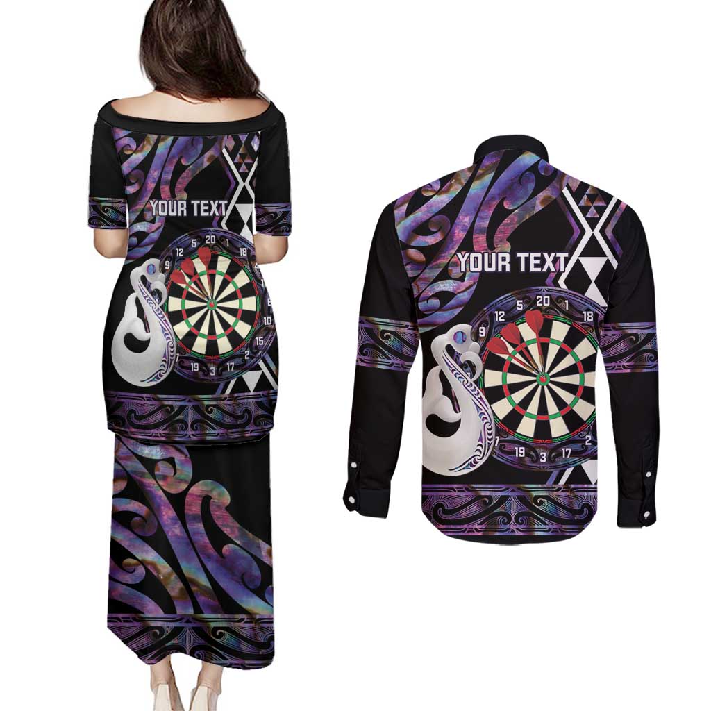 Personalised New Zealand Darts Couples Matching Puletasi and Long Sleeve Button Shirt Ngutukaka Manaia Taniko Luxury Purple - Aussie Hoodie