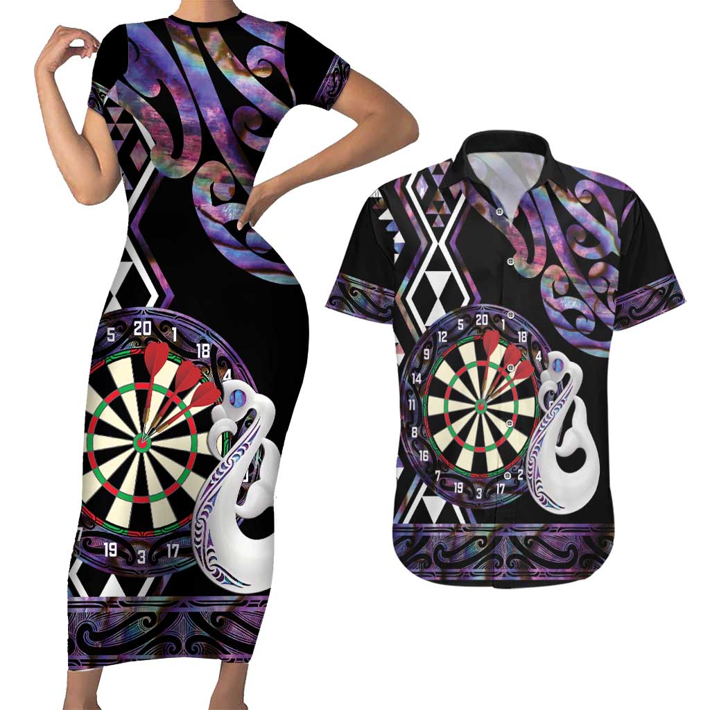 Personalised New Zealand Darts Couples Matching Short Sleeve Bodycon Dress and Hawaiian Shirt Ngutukaka Manaia Taniko Luxury Purple - Aussie Hoodie