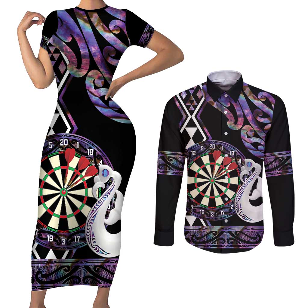 Personalised New Zealand Darts Couples Matching Short Sleeve Bodycon Dress and Long Sleeve Button Shirt Ngutukaka Manaia Taniko Luxury Purple - Aussie Hoodie