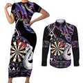 Personalised New Zealand Darts Couples Matching Short Sleeve Bodycon Dress and Long Sleeve Button Shirt Ngutukaka Manaia Taniko Luxury Purple - Aussie Hoodie