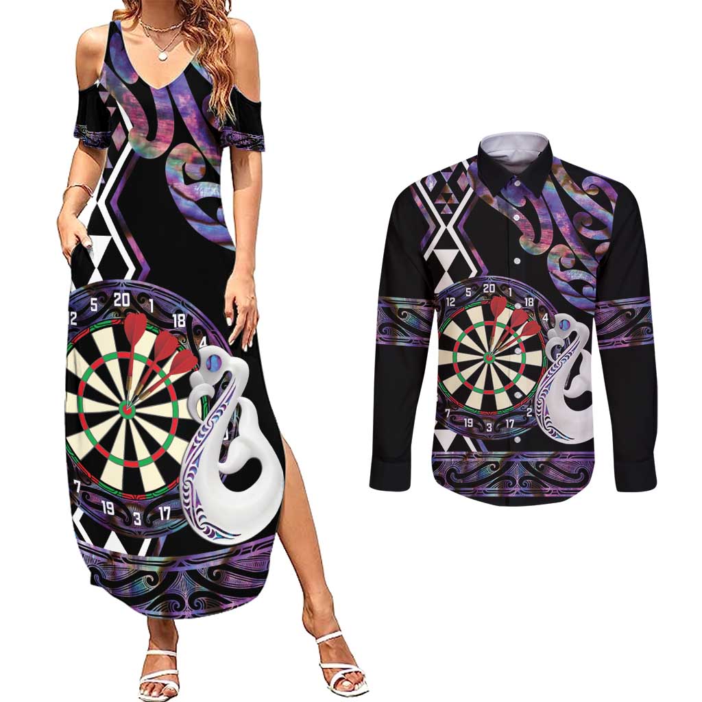 Personalised New Zealand Darts Couples Matching Summer Maxi Dress and Long Sleeve Button Shirt Ngutukaka Manaia Taniko Luxury Purple - Aussie Hoodie
