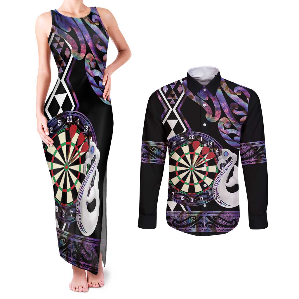 Personalised New Zealand Darts Couples Matching Tank Maxi Dress and Long Sleeve Button Shirt Ngutukaka Manaia Taniko Luxury Purple - Aussie Hoodie